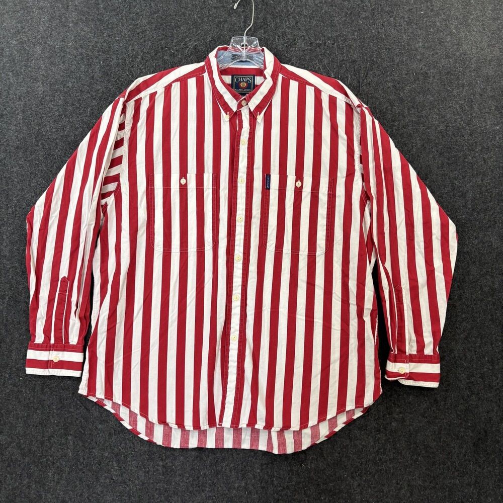 Vintage Chaps Ralph Lauren Shirt Men's XL Red White Vertical Stripe Pocket
